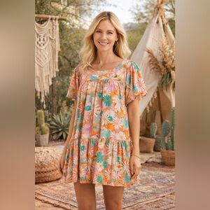 BB Dakota Steve Madden Floral Print Babydoll Style Tiered Ruffle Dress Size L